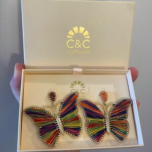 New in the box C&C California rainbow threaded gold butterfly stud earrings